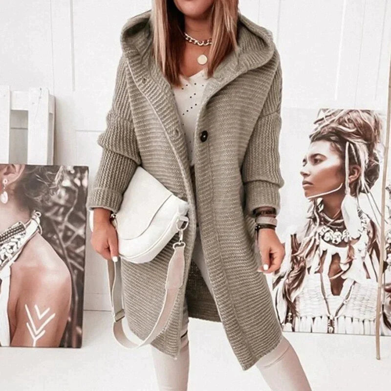 Donna - Cardigan lungo in maglia con cappuccio - Fronte bottoni