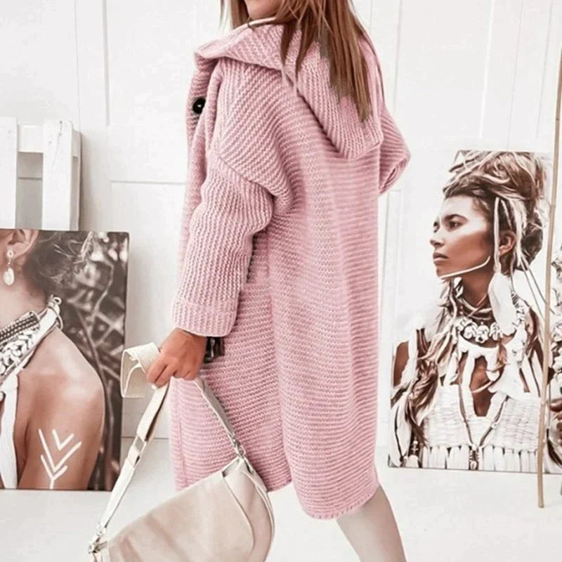 Donna - Cardigan lungo in maglia con cappuccio - Fronte bottoni