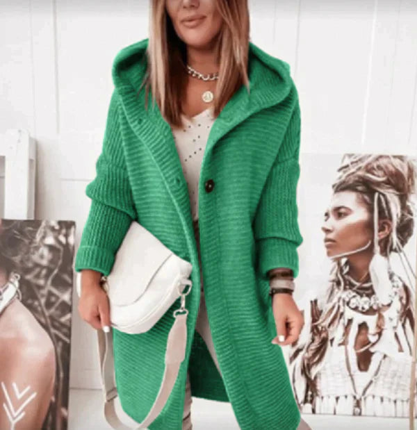 Donna - Cardigan lungo in maglia con cappuccio - Fronte bottoni