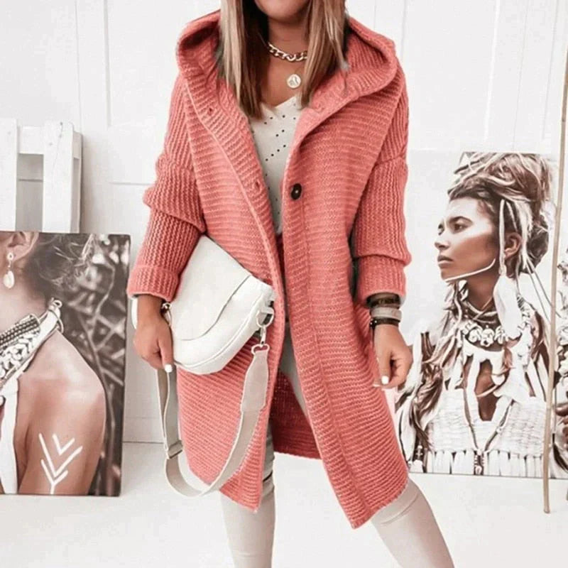 Donna - Cardigan lungo in maglia con cappuccio - Fronte bottoni