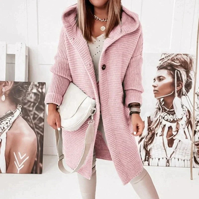Donna - Cardigan lungo in maglia con cappuccio - Fronte bottoni