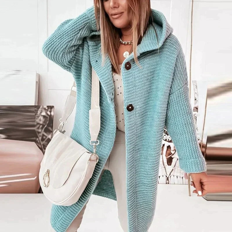 Donna - Cardigan lungo in maglia con cappuccio - Fronte bottoni