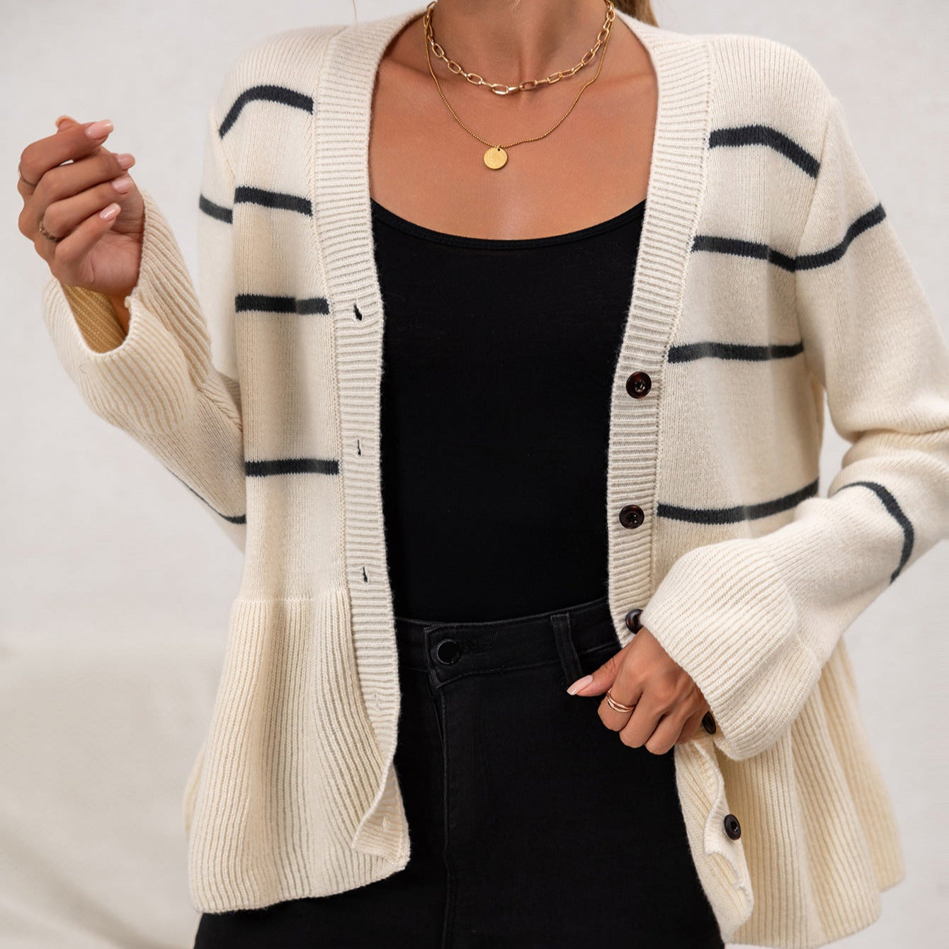 Donna - Cardigan con scollo a V e orlo a peplo
