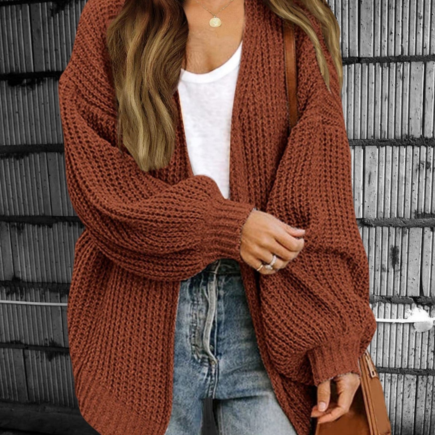 Donna - Cardigan a maglia grossa aperto sul davanti - Stile oversize