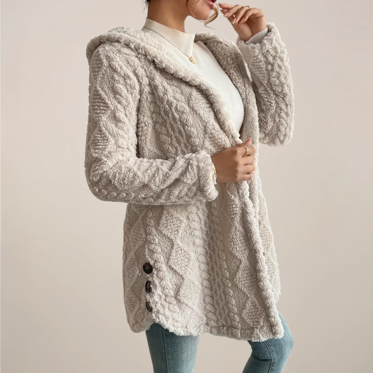 Donna - Cappotto con cappuccio in felpa jacquard - Cardigan accogliente
