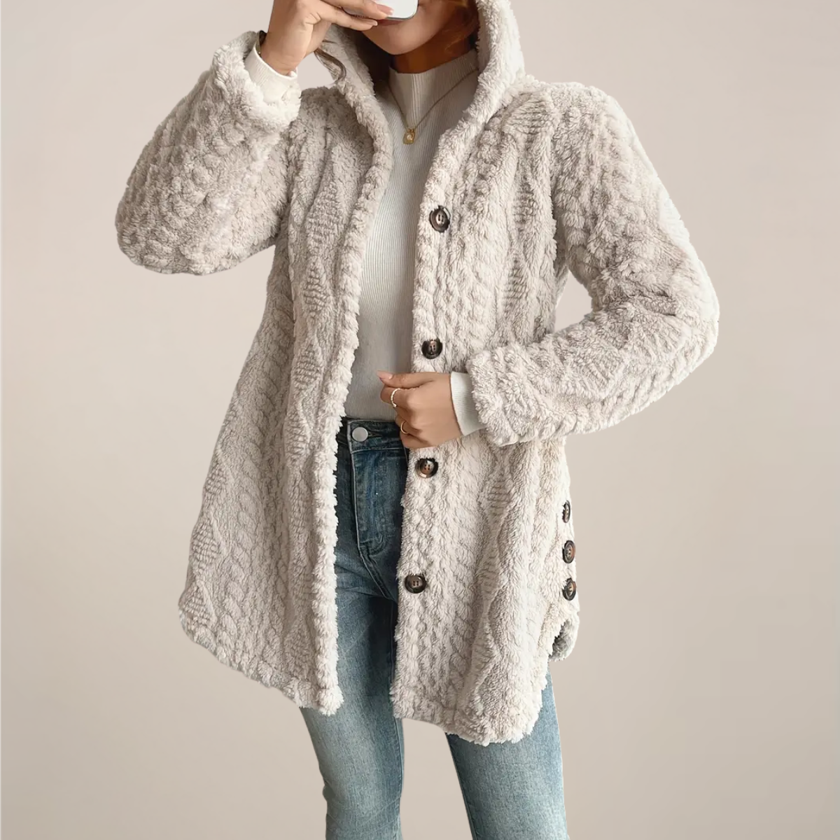 Donna - Cappotto con cappuccio in felpa jacquard - Cardigan accogliente