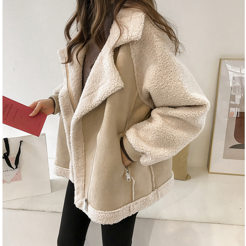 Donna - Giacca oversize con zip in pelle scamosciata - Accogliente look Teddy