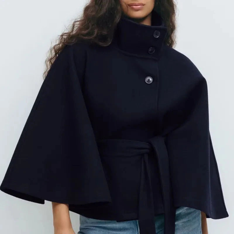 Donna - Cappotto corto con collo ad imbuto - Vita con cintura
