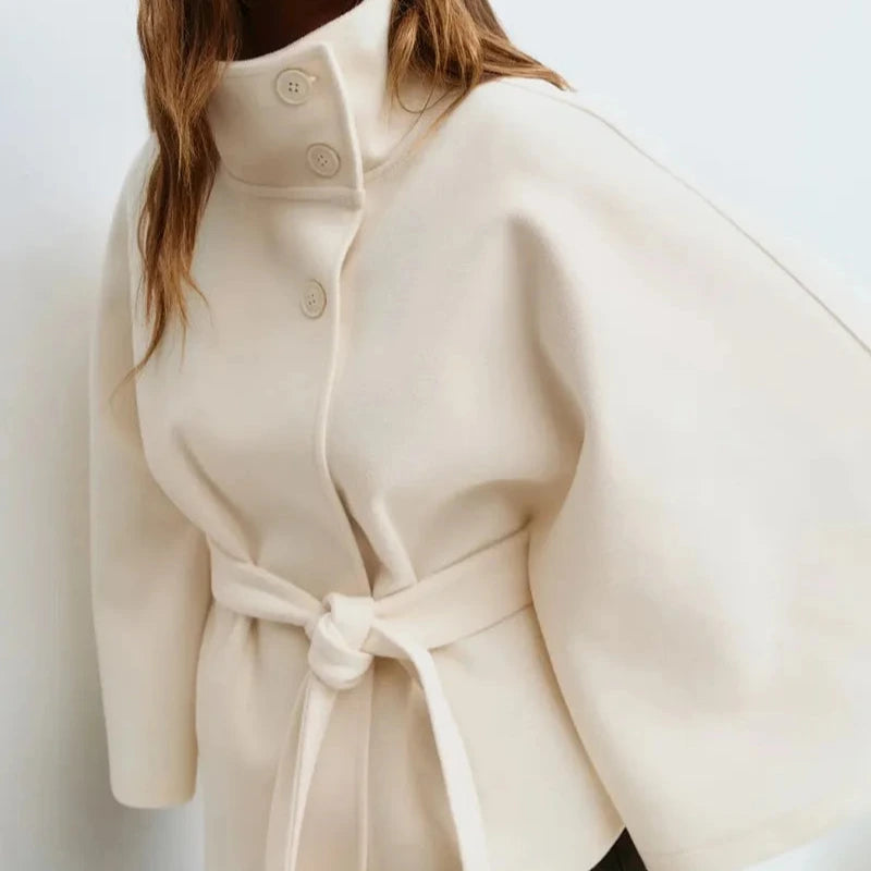 Donna - Cappotto corto con collo ad imbuto - Vita con cintura