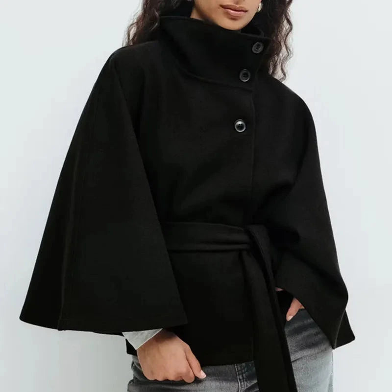 Donna - Cappotto corto con collo ad imbuto - Vita con cintura