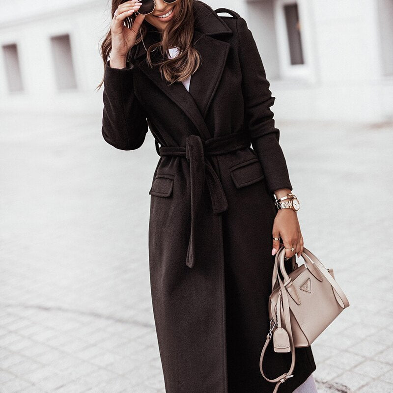 Donna - Cappotto lungo con risvolto a tacche - Cintura in vita