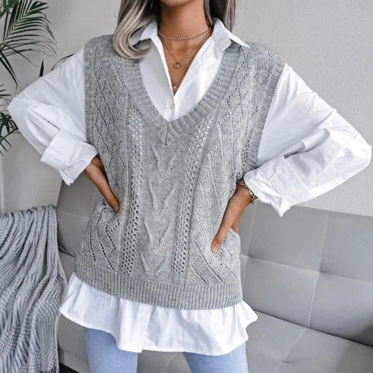 Donna - Gilet casual con scollo a V in maglia a cavo - misto lana
