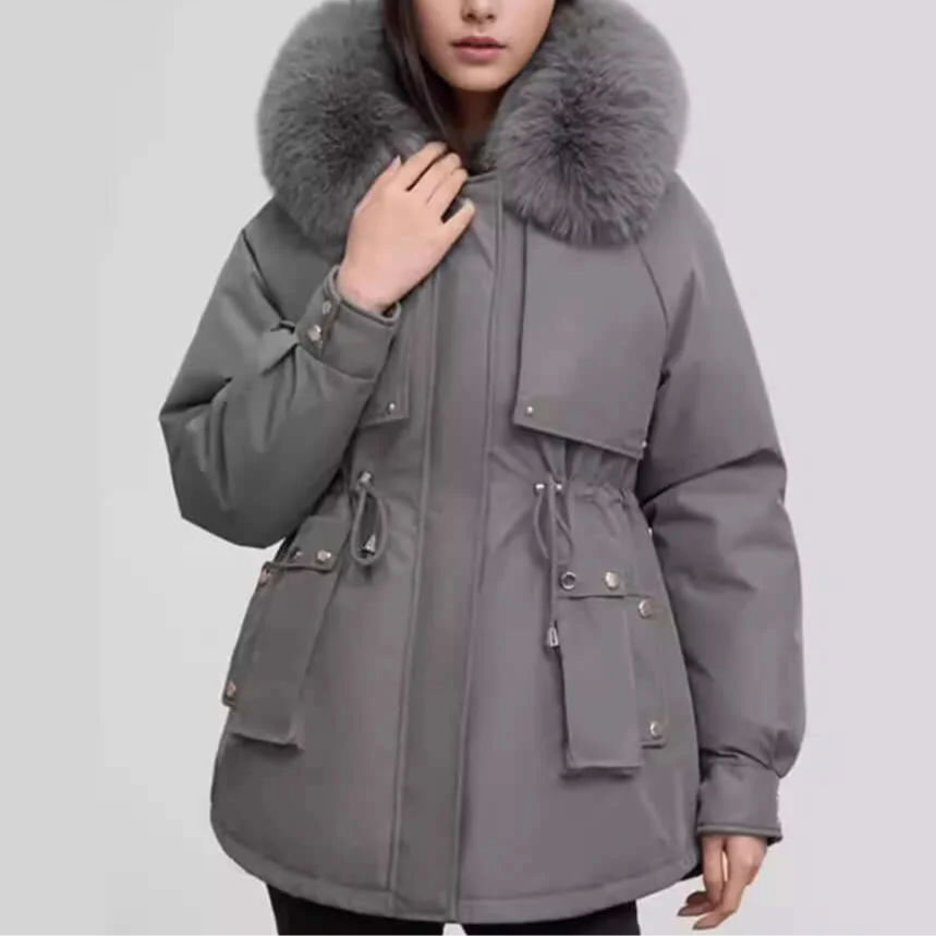 Donna - Cappotto con collo in pelliccia sintetica lungo fino ai fianchi - Chiusura a zip