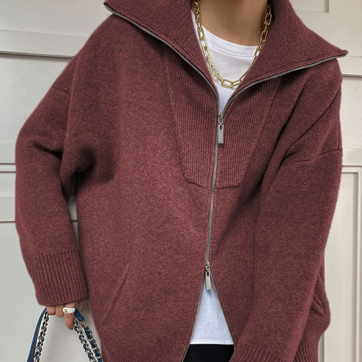 Donna - Cardigan oversize in maglia di lana - Zip frontale