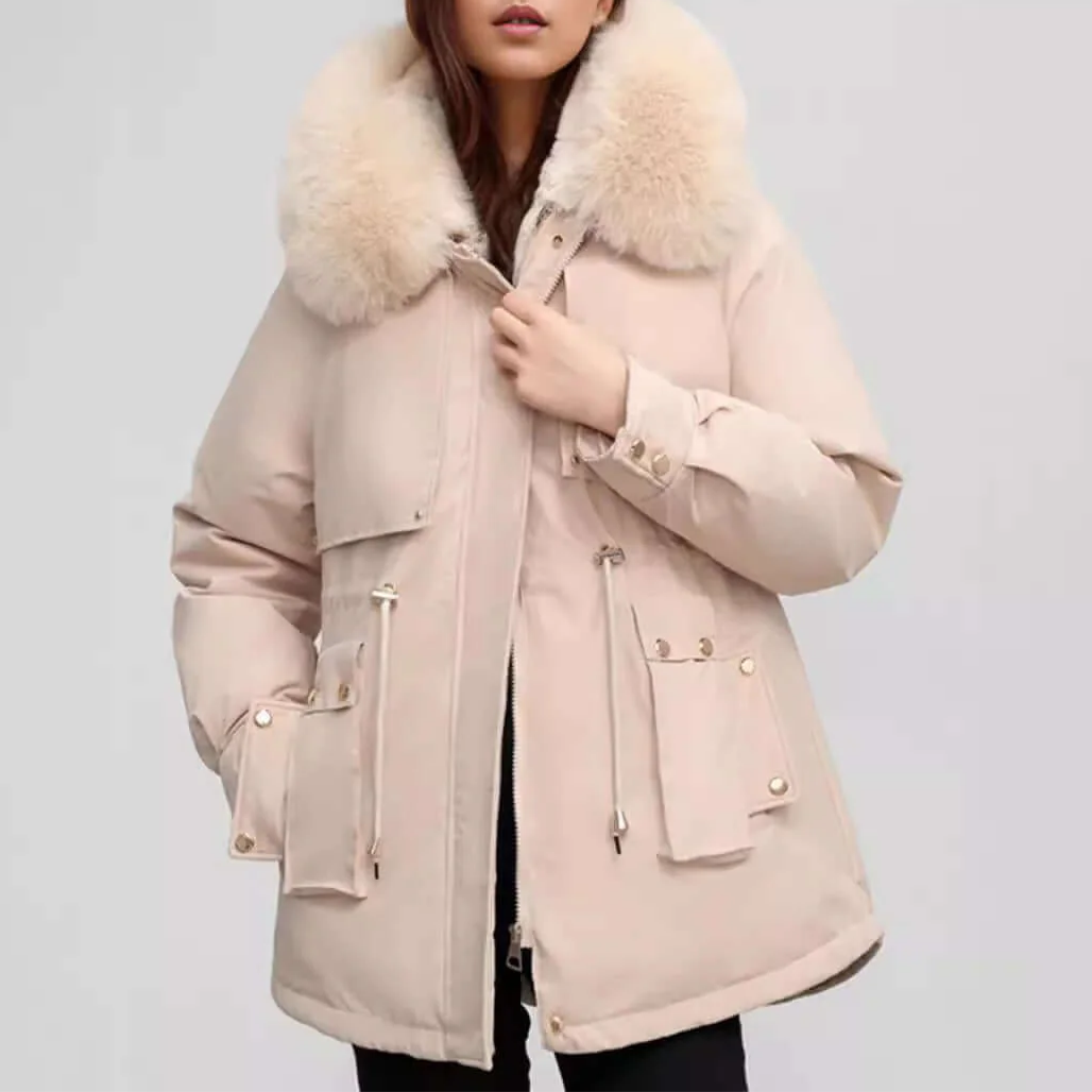 Donna - Cappotto con collo in pelliccia sintetica lungo fino ai fianchi - Chiusura a zip