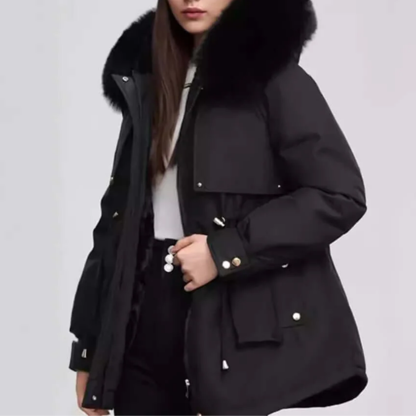 Donna - Cappotto con collo in pelliccia sintetica lungo fino ai fianchi - Chiusura a zip