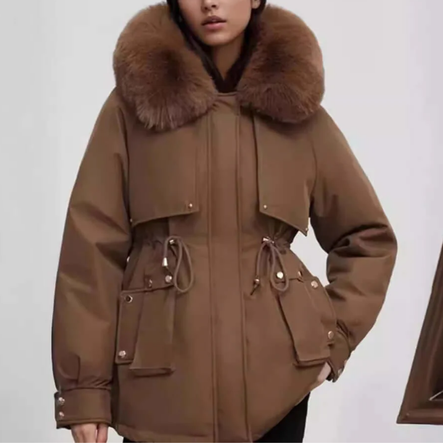 Donna - Cappotto con collo in pelliccia sintetica lungo fino ai fianchi - Chiusura a zip