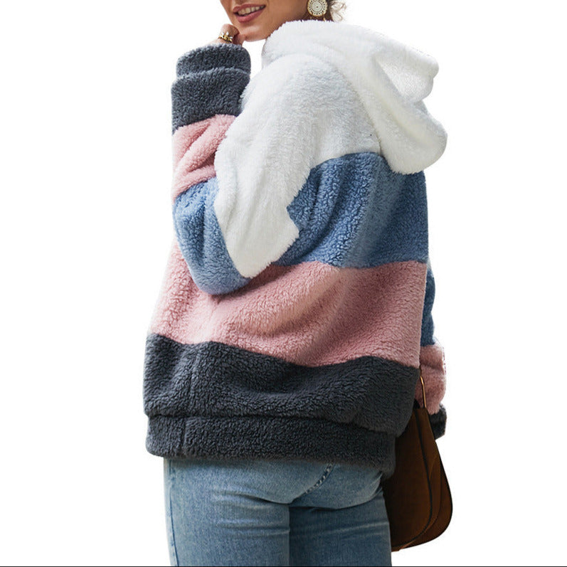 Donna - Felpa con cappuccio in pile - Stile a blocchi di colore