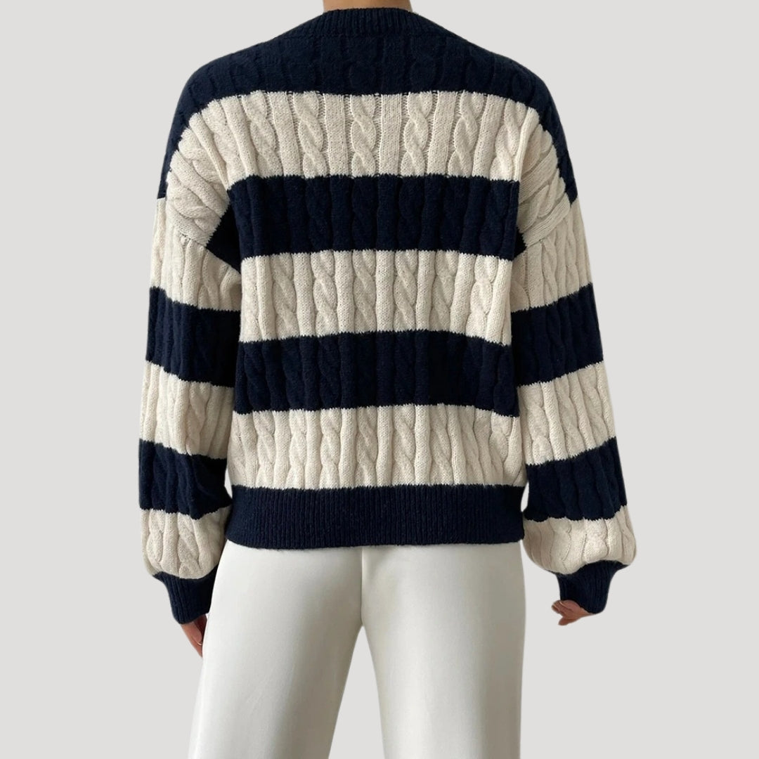 Donna - Maglione fuori misura con scollo a V in maglia a righe