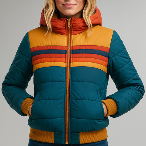 Donne - Giacca Puffer - Impermeabile con cappuccio Colorblock