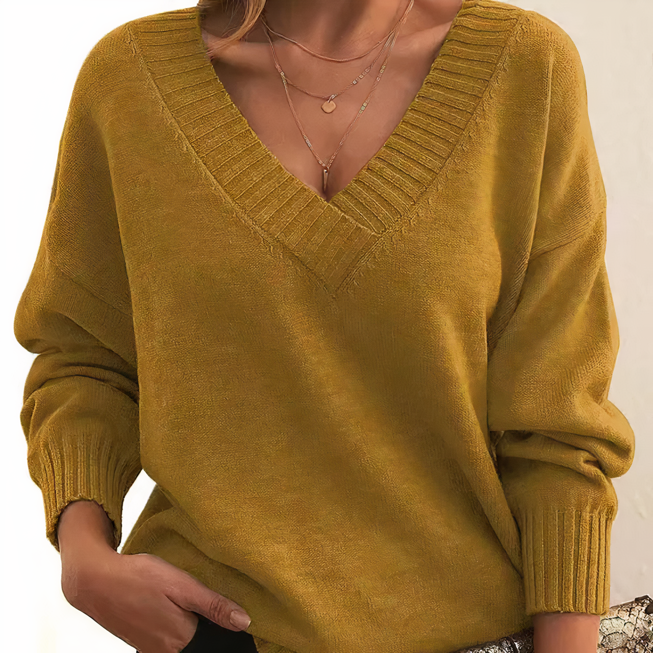 Donna - Maglia con scollo a V - Polsini a coste