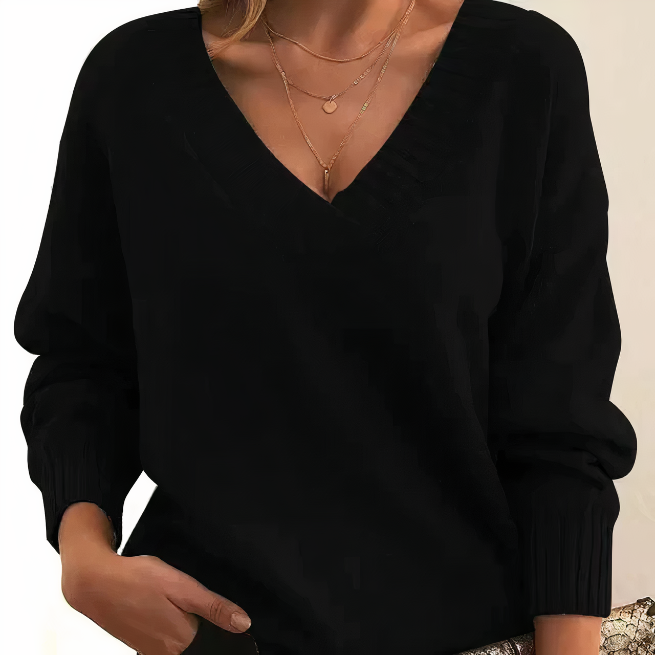 Donna - Maglia con scollo a V - Polsini a coste