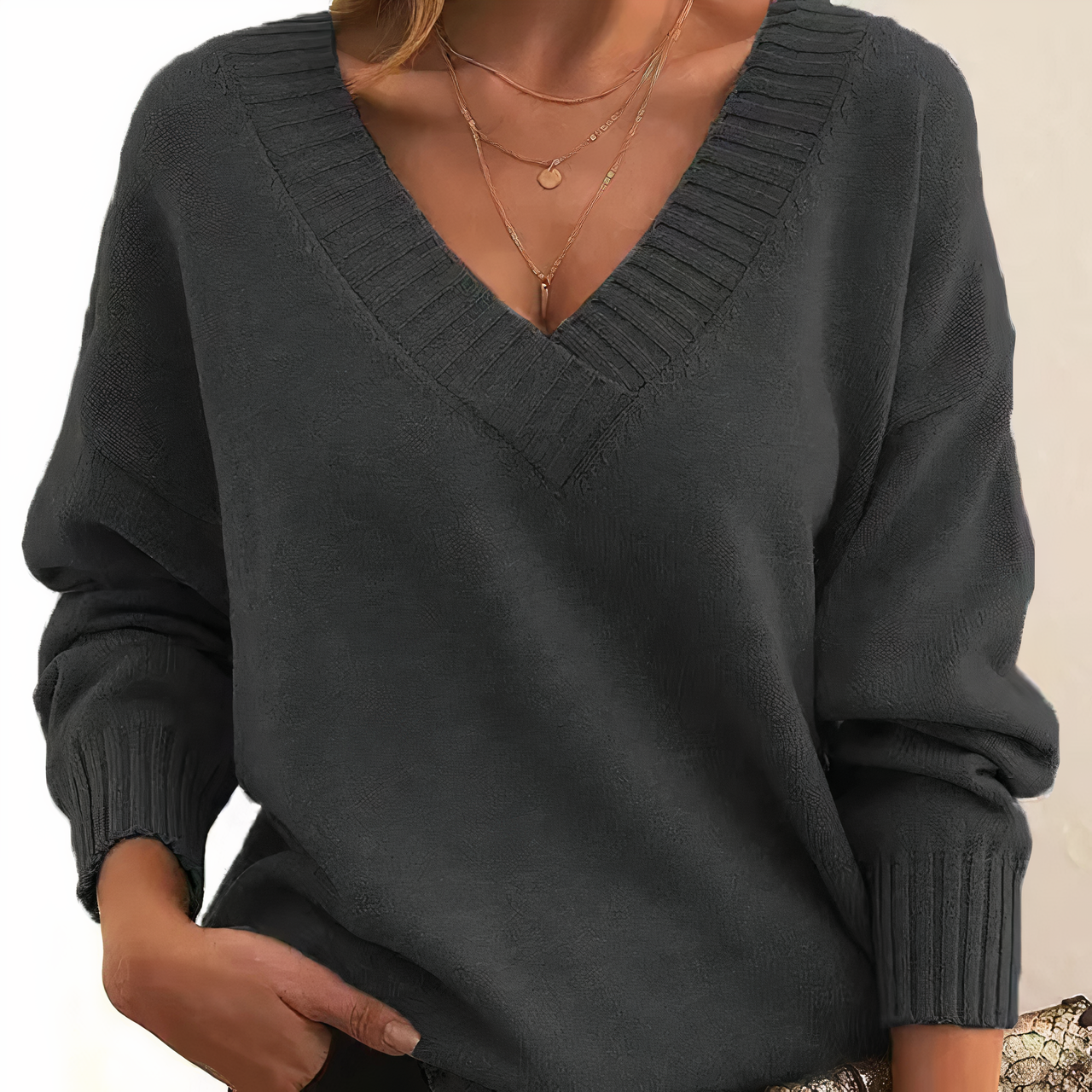 Donna - Maglia con scollo a V - Polsini a coste