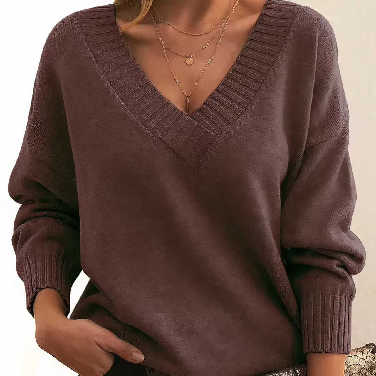 Donna - Maglia con scollo a V - Polsini a coste