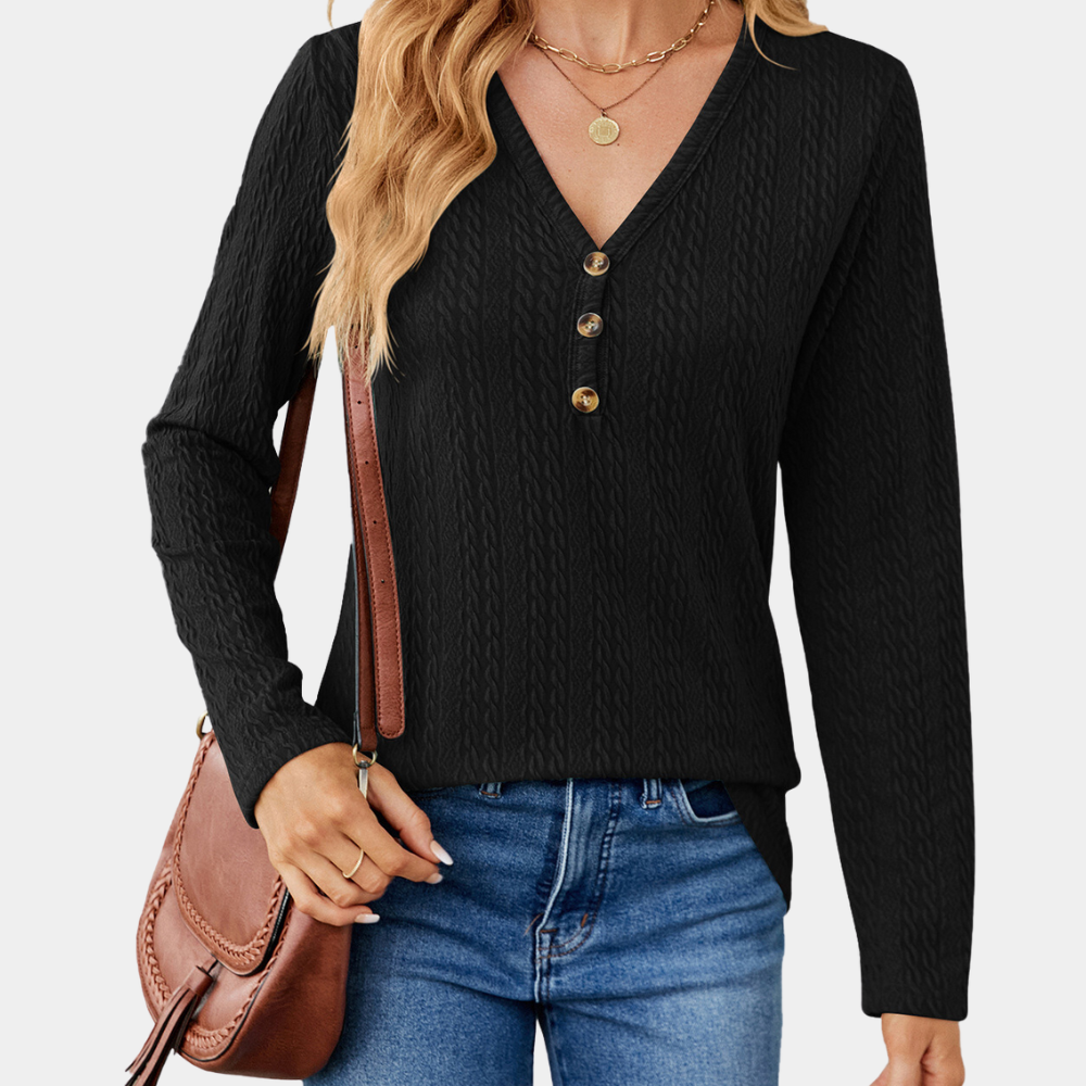 Donna - Top con scollo a V e manica lunga - Maglia a cavi