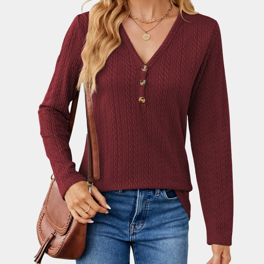 Donna - Top con scollo a V e manica lunga - Maglia a cavi