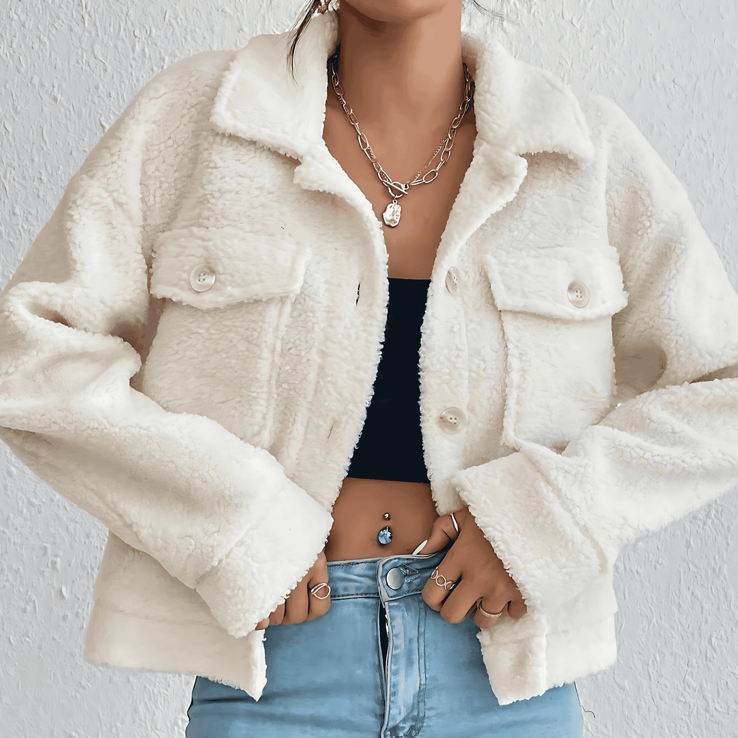 Donna - Cappotto cropped in tessuto sherpa - misto lana