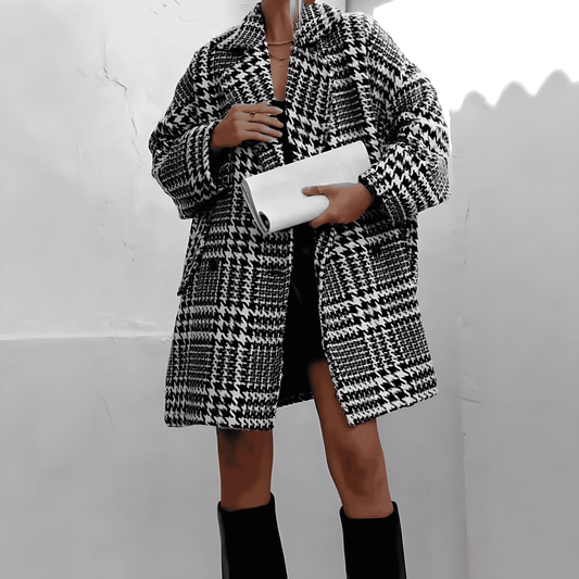 Donna - Cappotto fuori misura in lana check - Lunghezza al ginocchio
