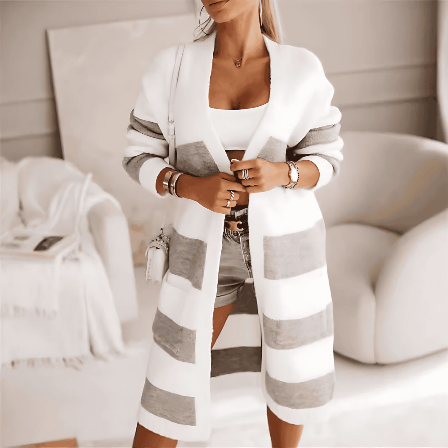 Donna - Cappotto in maglia alla moda - A strisce in grassetto
