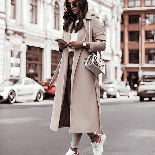 Donna - Cappotto lungo con risvolto a tacche - Cintura in vita