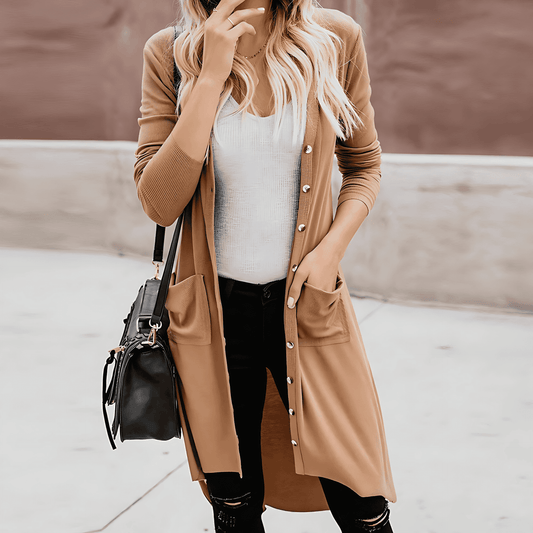 Donna - Cardigan lungo con bottoni e tasche
