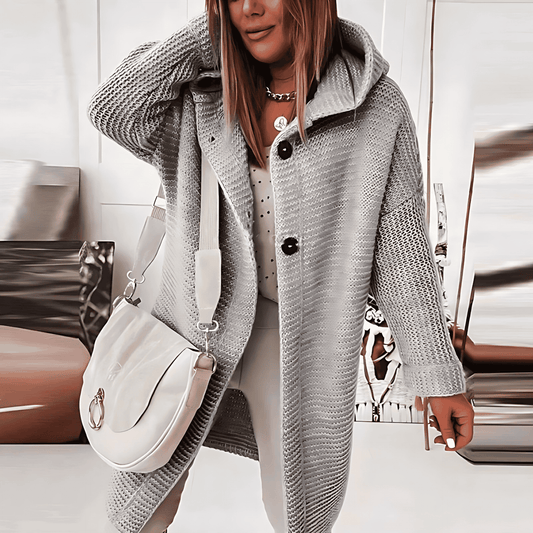 Donna - Cardigan lungo in maglia con cappuccio - Fronte bottoni