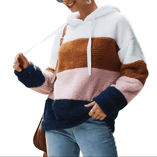 Donna - Felpa con cappuccio in pile - Stile a blocchi di colore