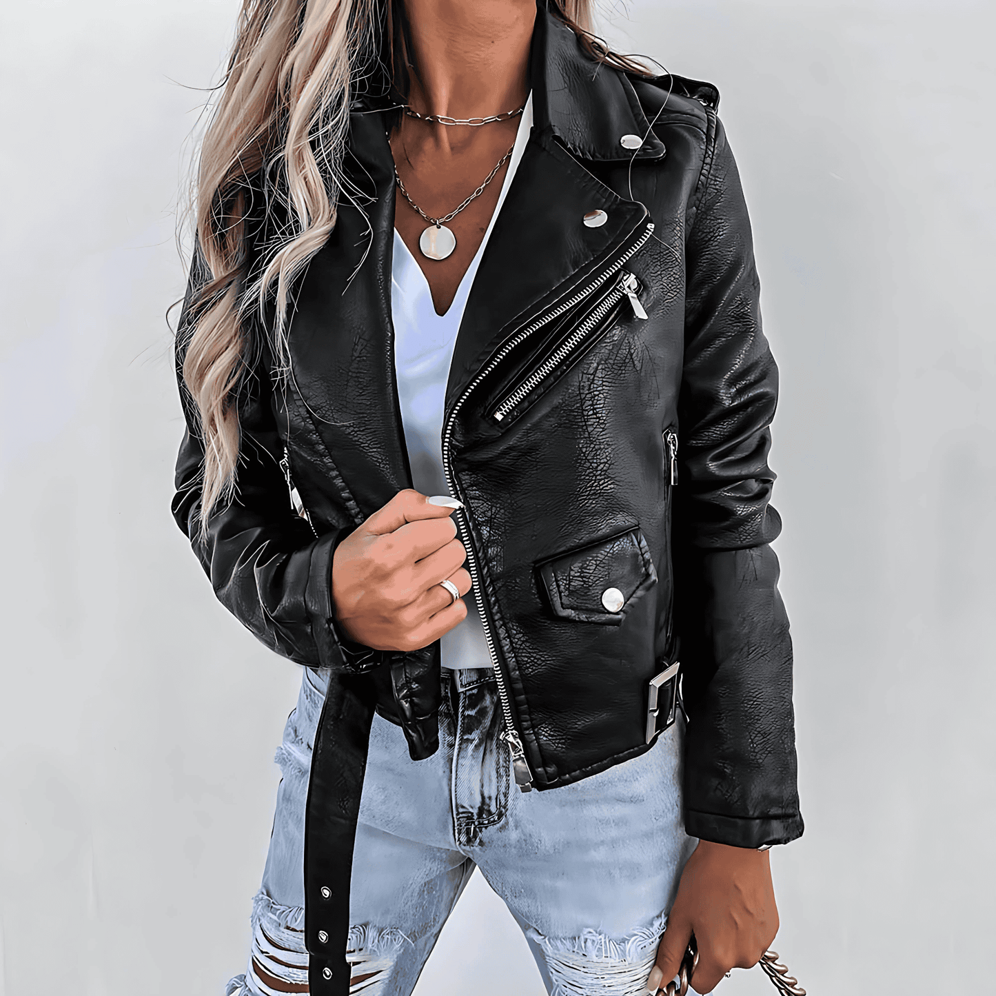 Donna - Giacca in ecopelle - Stile cintura con zip