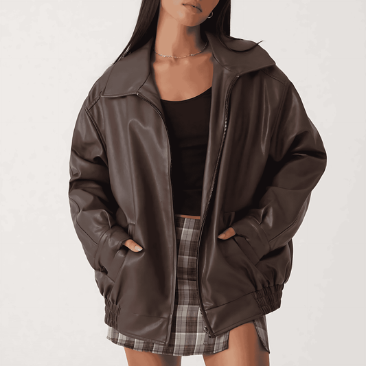 Donna - Giacca in pelle rilassata - Collo alto con zip