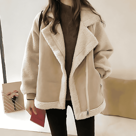 Donna - Giacca oversize con zip in pelle scamosciata - Accogliente look Teddy