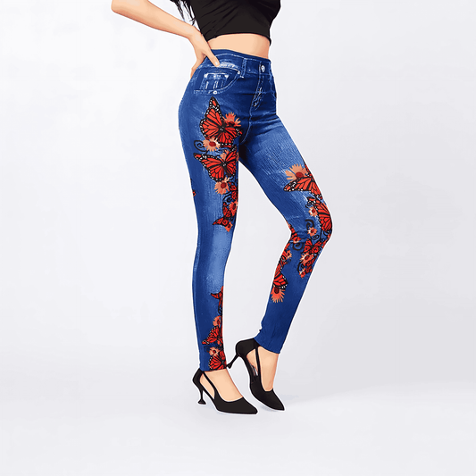 Donna - Jeggings a vita alta con disegno a farfalla