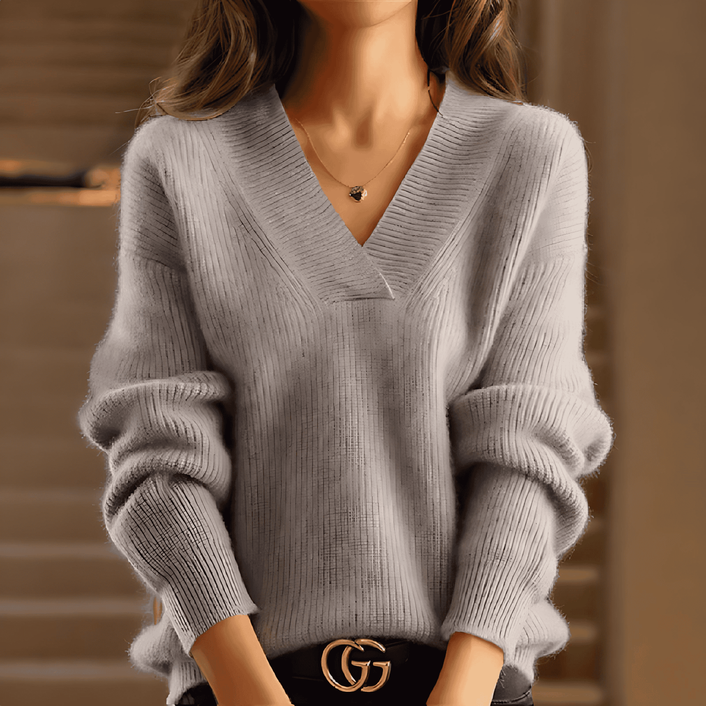 Donna - Maglia a coste con scollo a V - Stile invernale