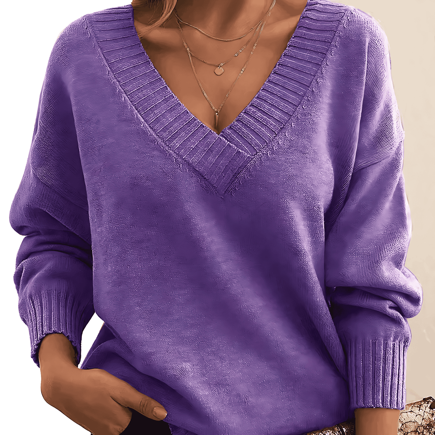 Donna - Maglia con scollo a V - Polsini a coste