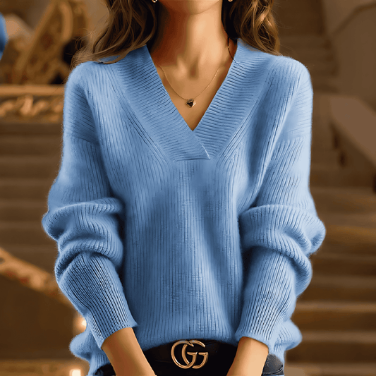 Donna - Maglione a maglia lunga con scollo a V - Struttura a coste
