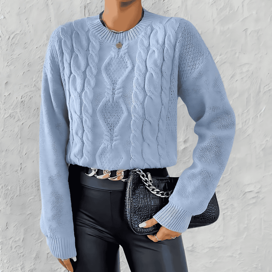 Donna - Maglione blu in maglia a cavo - Collo rotondo