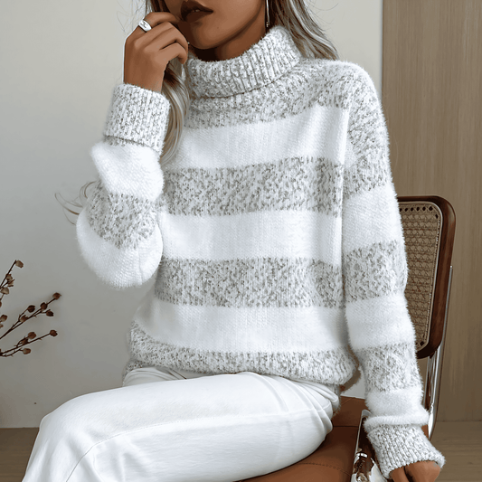 Donna - Maglione dolcevita a righe grigio - Stile accogliente