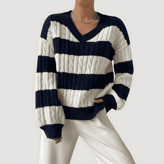 Donna - Maglione fuori misura con scollo a V in maglia a righe