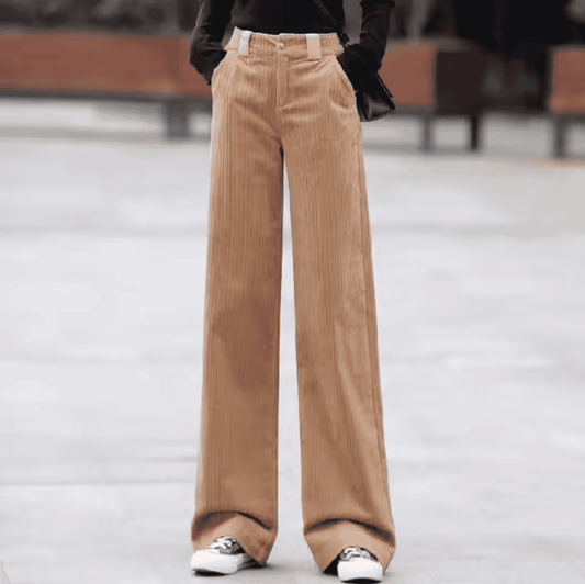 Donna - Pantaloni a vita alta in velluto a coste colore kaki