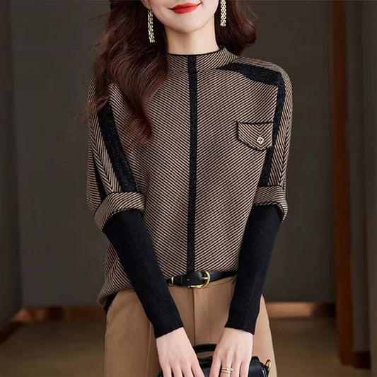 Donna - Pullover con scollo alla coreana e strisce diagonali, lungo fino ai fianchi