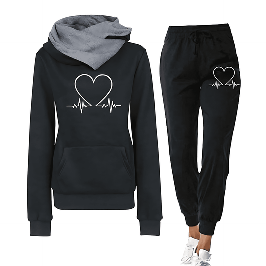 Donna - Set di abbigliamento da casa - Felpa con cappuccio e Joggers con stampa Battito del cuore